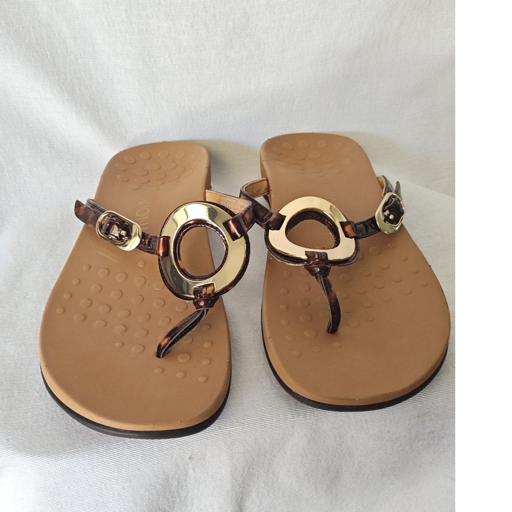 Vionic Karina Sandals Brown Tortoise Print Gold Ring Thong Flip Flop Orthotics 8 - Picture 3 of 8